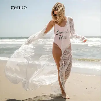 Vasaras Sieviešu Peldkostīms Bikini uz Augšu, Sexy Pludmales Cover Up Mežģīņu Ziedu Kimono Gara Blūze Elegants Cieta Beach peldkostīms XL