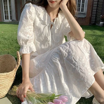 Elegants Balts Midi Kleitas Sievietēm Pārsējs Gadījuma Īsām Piedurknēm Vintage Franču Sweet Meitenes Kleita Sieviešu Jauns Korejiešu Modes Vestidos