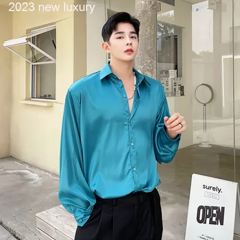 Pavasara Rudens 2022 Vīriešu Krekls korejas Modes Šiks Vīrietis tīrtoņa Krāsu garām Piedurknēm Blūze Zaudēt Gadījuma Viena Krūšu Topi L14