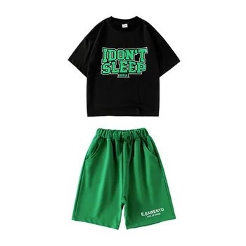 Meitene Kpop Hip Hop Apģērbu Vēstuli Tee Lielgabarīta T Krekls Top Zaļā Streetwear Baggy Bikses, lai Mazulis, Zēns, Džeza Deju Tērpu Apģērbs