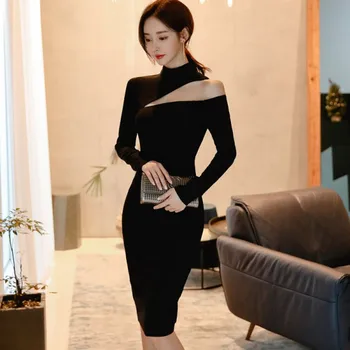 korejiešu stilā sievietēm slim OLA kleita 2020. gadam Pavasara Sexy Melnu ar garām piedurknēm viena pleca, bodycon zīmuli puse kleita